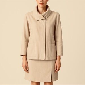 Cathy Hardwick 100% Linen Beige Skirt Suit Set Jacket & Skirt Size 8 Classic